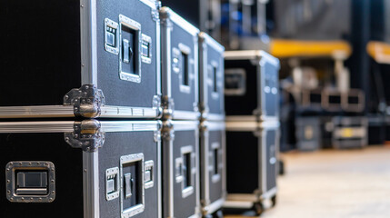 Stacked black road cases with metal edges in a backstage or equipment storage area.
