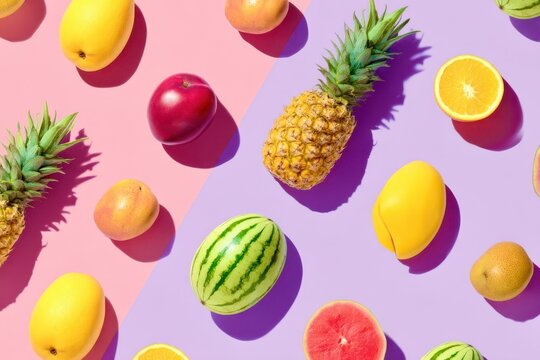 A colorful fruit display with a pink and purple background - Powered by Adobe