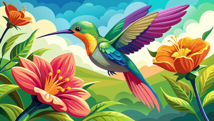 Fototapeta premium portrait A hummingbird hovering in midair near a brightly colored flower, collecting nectar Very beautiful