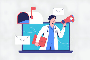 Doctor with megaphone emerging from laptop, mailbox, gray background.