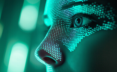 Close-up of a human face with green digital dots projected onto the skin, symbolizing technology and biometrics.

