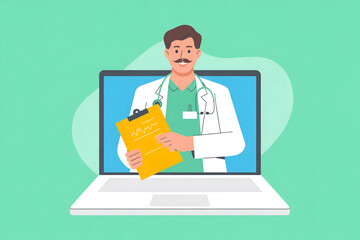 Male doctor on laptop screen, yellow clipboard, mint green background.