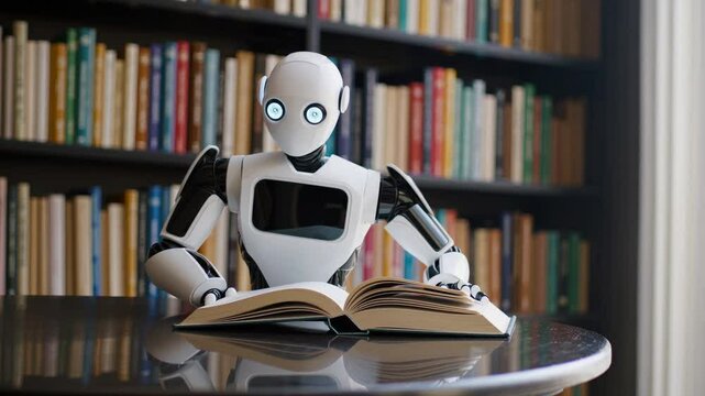 humanoid robot sits on a wooden table in a cozy library, reading an open book. Its round eyes glow with curiosity, and its smooth white-and-black design gives it a friendly, futuristic appearance