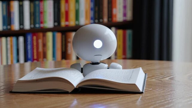 humanoid robot sits on a wooden table in a cozy library, reading an open book. Its round eyes glow with curiosity, and its smooth white-and-black design gives it a friendly, futuristic appearance