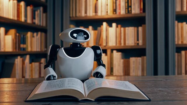 humanoid robot sits on a wooden table in a cozy library, reading an open book. Its round eyes glow with curiosity, and its smooth white-and-black design gives it a friendly, futuristic appearance