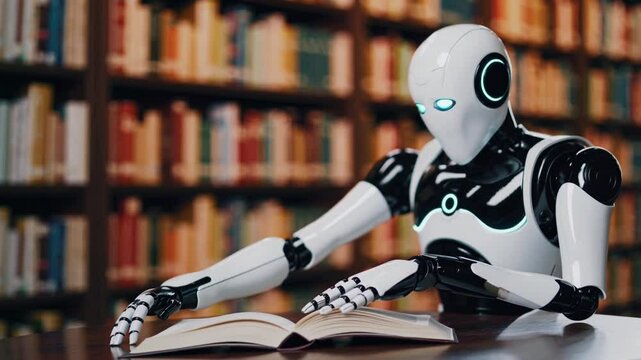 humanoid robot sits on a wooden table in a cozy library, reading an open book. Its round eyes glow with curiosity, and its smooth white-and-black design gives it a friendly, futuristic appearance