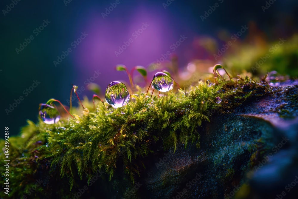 Poster a close up of a mossy rock with water droplets on it