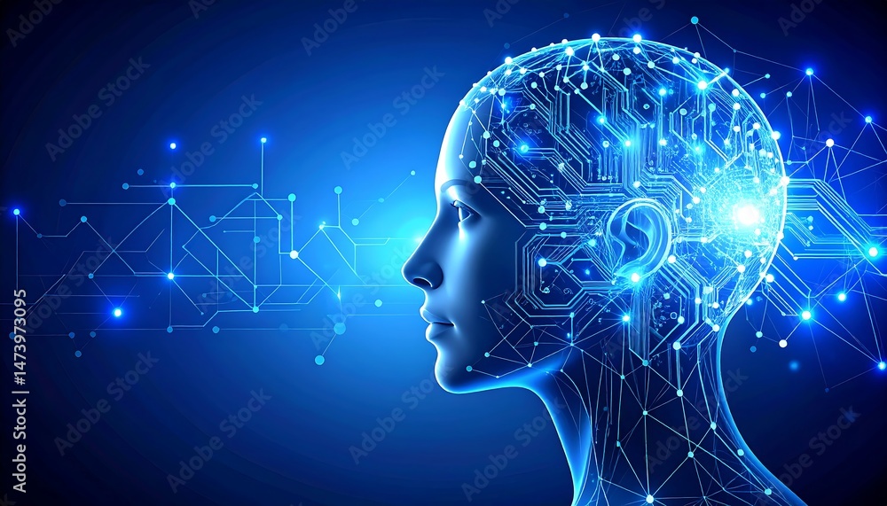 Poster exploring ai innovation digital realm visual representation futuristic environment side perspective