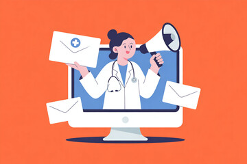 Healthcare professional with megaphone, envelopes, coral orange background.
