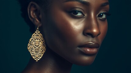 Elegant Black woman with sculptural gold earrings, a portrait of timeless beauty and strength.
