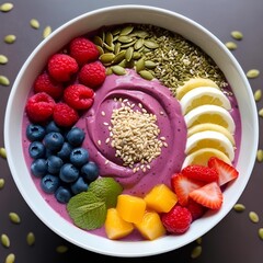 Acai bowl topped with rainbow arranged fruits and seeds presented in dynamic health inspired styling for a vibrant nutritious dessert concept
