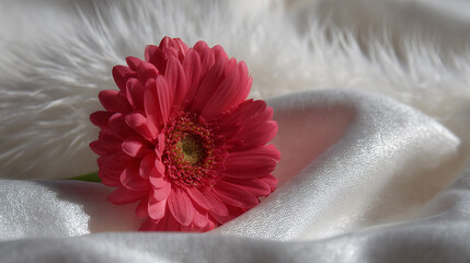 A vibrant pink gerbera daisy blooms elegantly against a soft background, showcasing its delicate...