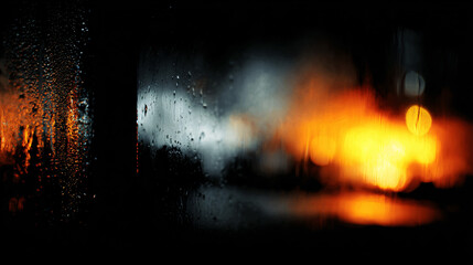 A view through rain-streaked glass at a fiery scene.