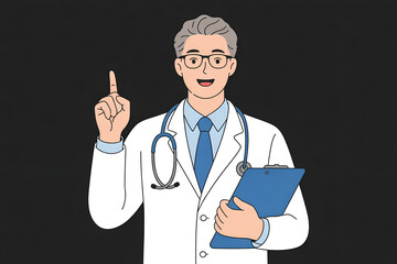 Cartoon doctor with clipboard pointing upward, black background.