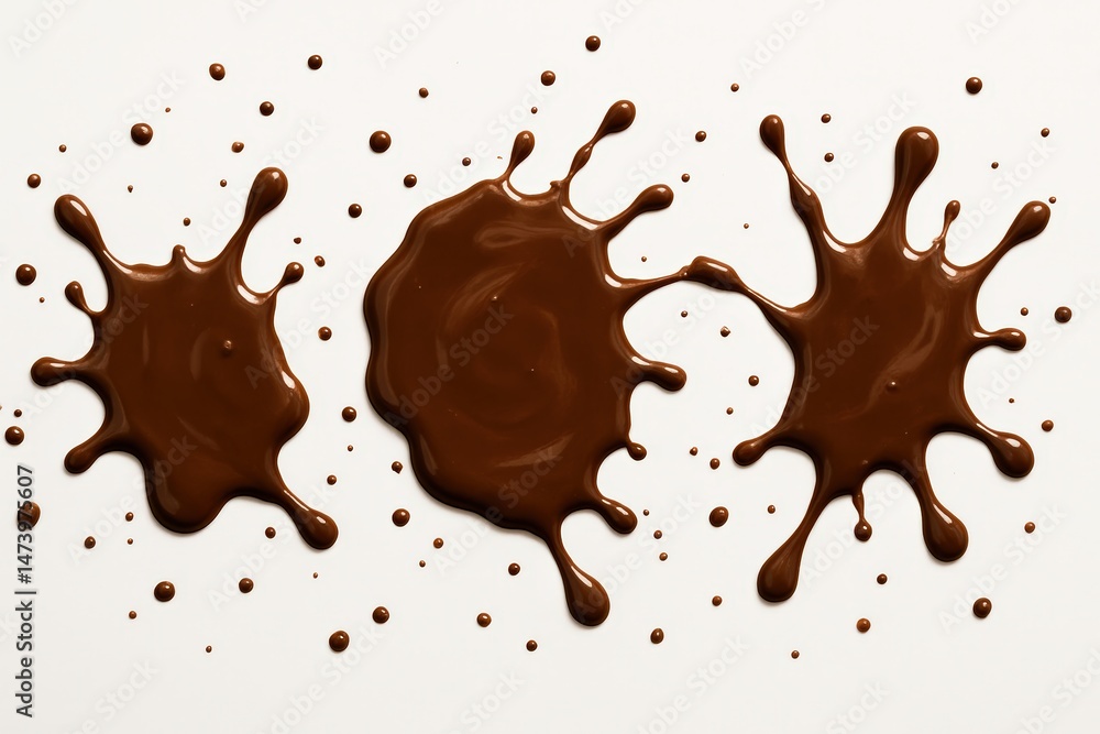 Poster delicious chocolate splashes create abstract art on white background, offering a sweet and tempting 