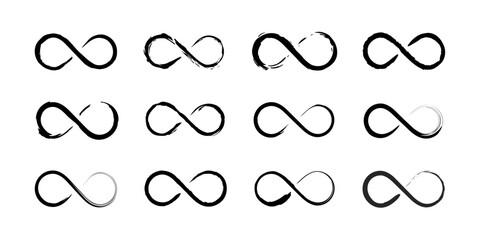Set of black hand drawn art brush infinity symbols on a white background. Vector