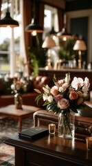 Cozy elegant floral arrangement in upscale restaurant interior