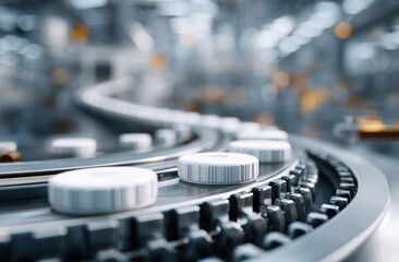 White caps on industrial conveyor belt