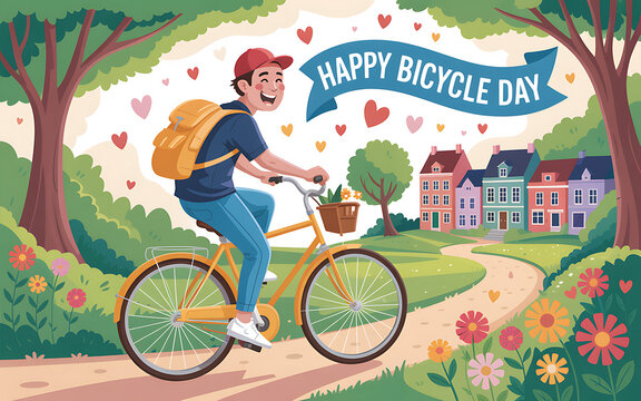 Happy Bicycle Day illustration with a man riding a bike, hearts floating, and a vibrant background