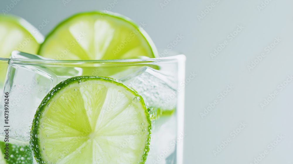 Poster close-up of a refreshing glass of sparkling water with ice and lime slices on a light background.