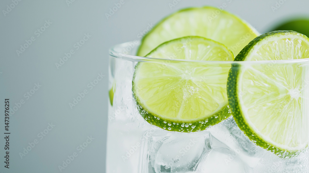 Poster close-up of a refreshing glass of sparkling water with ice and lime slices on a light background.
