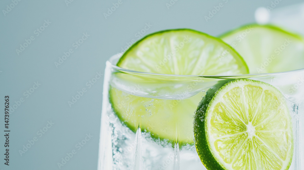 Poster close-up of a refreshing glass of sparkling water with ice and lime slices on a light background.