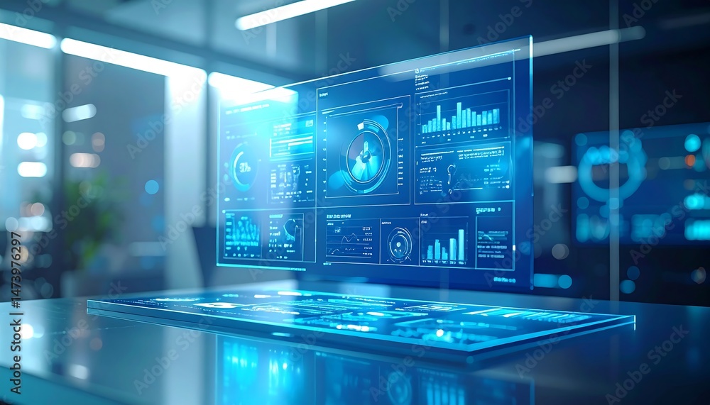 Poster visualizing data insights high-tech dashboard interface modern office digital environment close-up