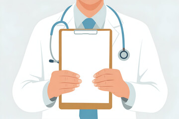Doctors torso with clipboard and stethoscope, gray background.