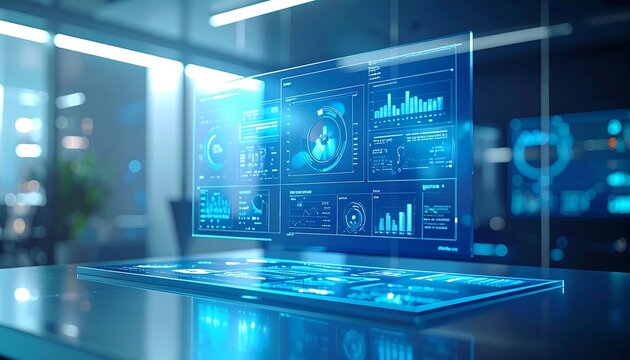 Visualizing data insights high-tech dashboard interface modern office digital environment close-up