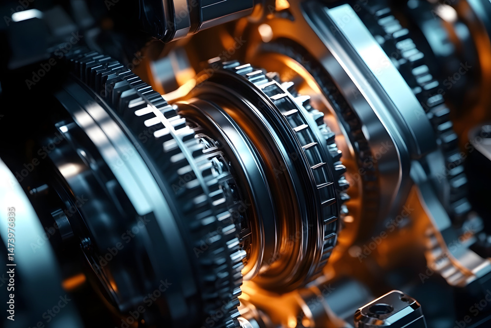 Poster close up of gears rotating in complex machinery in motion