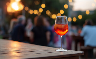 Fototapeta na wymiar Glass of orange cocktail on a wooden table at an outdoor evening gathering with warm bokeh lights in the background. 