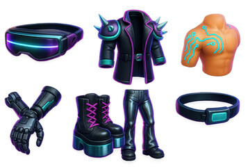 Cyberpunk fashion icons set – 3d, futuristic, neon style elements