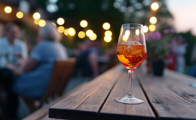 Fototapeta na wymiar Glass of orange cocktail on a wooden table at an outdoor evening gathering with warm bokeh lights in the background. 