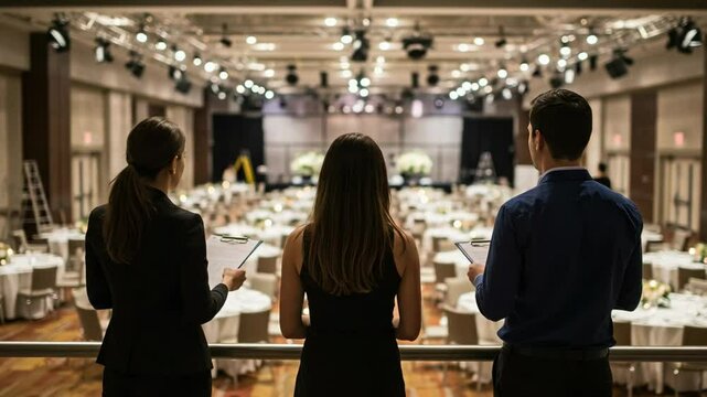 Three Professional Event Coordinators Overseeing a Lavishly Set Banquet Hall for a Grand Celebration