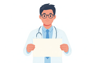 Male healthcare professional holding paper, minimalist white background.