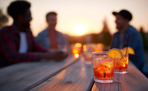 Glasses of orange cocktails on a wooden outdoor table with a group of friends enjoying a relaxed evening in the background.
