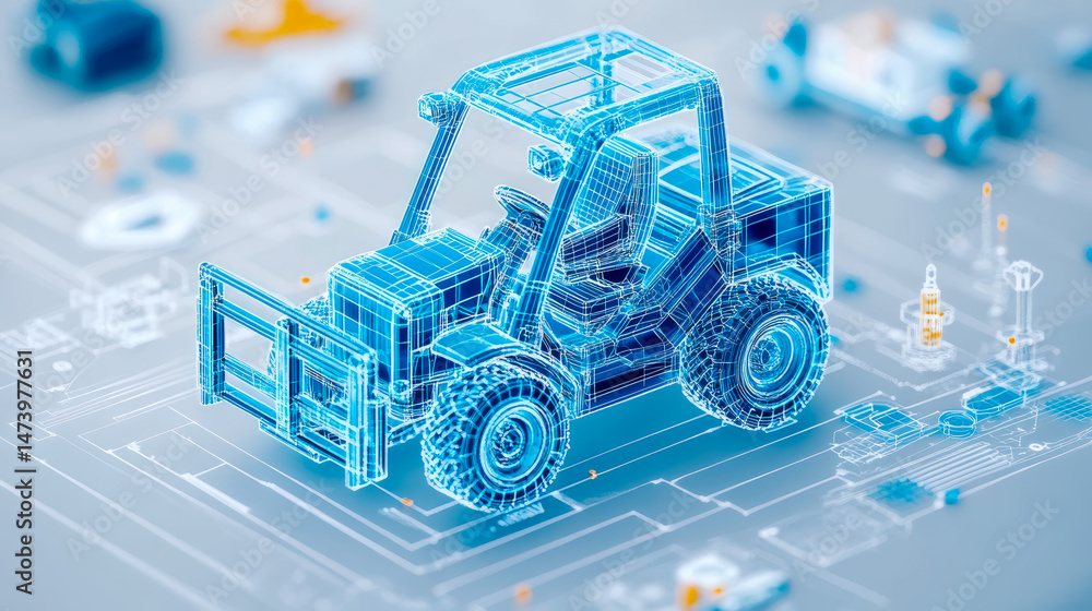 Poster blueprint wireframe: futuristic loader schematic for engineering and technical plans