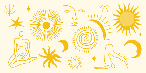 Collection of yoga doodle linear icons and vector elements. Bohemian style minimalist illustrations. Sun, moon, stars, body in boho style. Abstract design for wall art, decoration, wallpaper © luamor