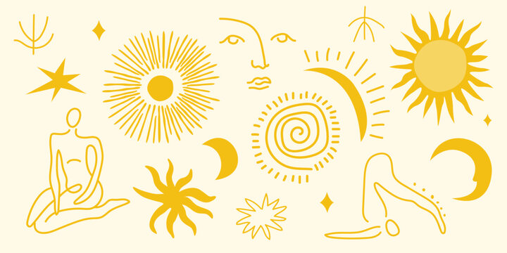 Collection of yoga doodle linear icons and vector elements. Bohemian style minimalist illustrations. Sun, moon, stars, body in boho style. Abstract design for wall art, decoration, wallpaper