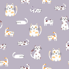 Seamless pattern with various white cats on a purple background