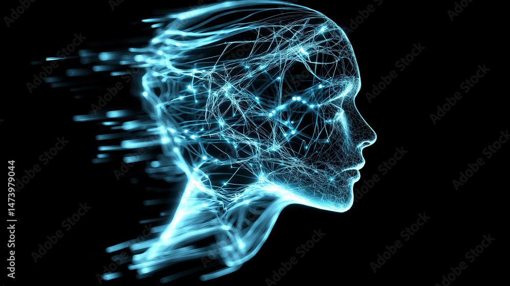 Poster glowing blue digital face in profile composed of interconnected lines and particles dissolving into 
