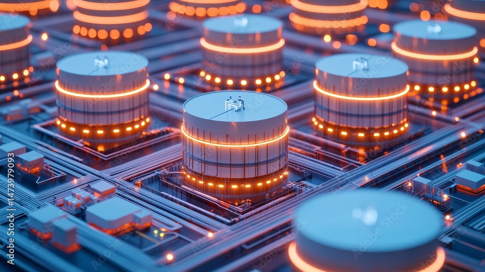 Poster futuristic digital network with glowing data storage units. industrial automation cyber-physical sys