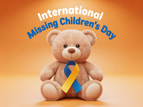 International missing children's day teddy bear with ribbon against orange background - Powered by Adobe