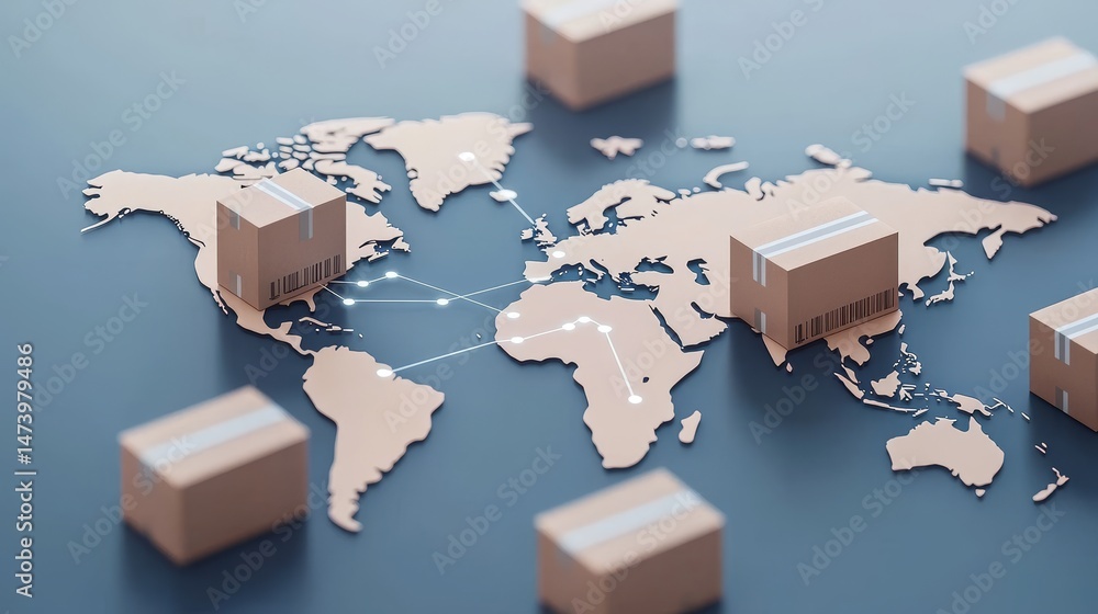 Poster world map with shipping boxes representing global trade logistics. e-commerce dropshipping concept.