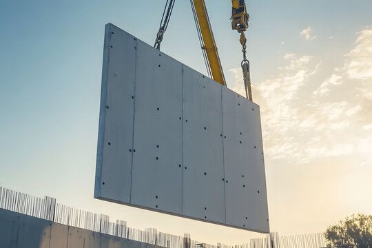 Crane lifting precast concrete wall panel at construction site