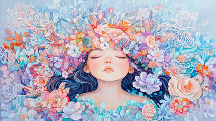 Naklejka premium Dreamy Floral Crowned Girl, Serene Beauty, Perfect for Art Prints and Calming Posters