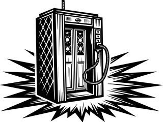 SVG vector depicting a hacker launching cyber and physical attacks in a digital warfare scenario. Vintage Telephone Booth with Classic Design and Burst Effect