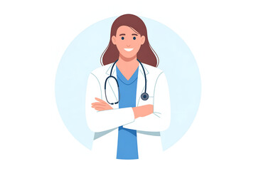 Female healthcare professional, arms crossed, light blue background.