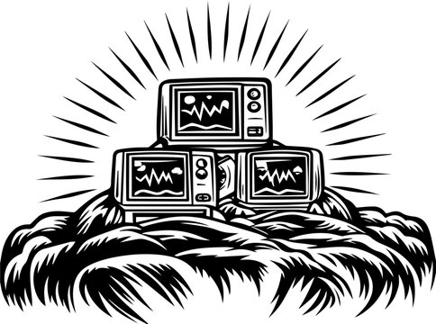SVG vector depicting a hacker launching cyber and physical attacks in a digital warfare scenario. Vintage TV Design with Wave Motif and Radiating Sunburst Effect