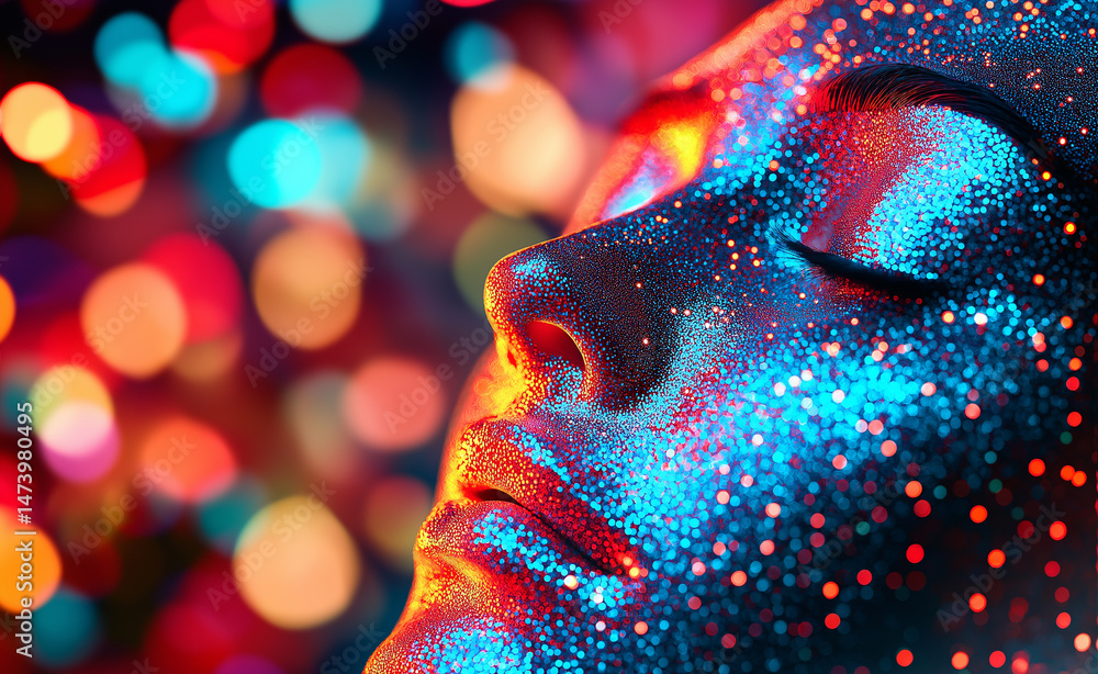 Poster close-up of a serene face covered in glowing multicolored particles against a vibrant bokeh backgrou